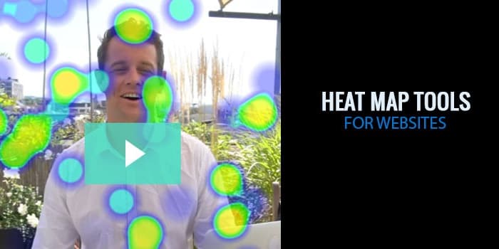 A smiling man in a video frame overlaid with heat map spots and a play button.