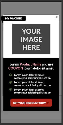 Mockup of the exit popup on mobile, stacked vertically with the product image above the benefit lines and the button