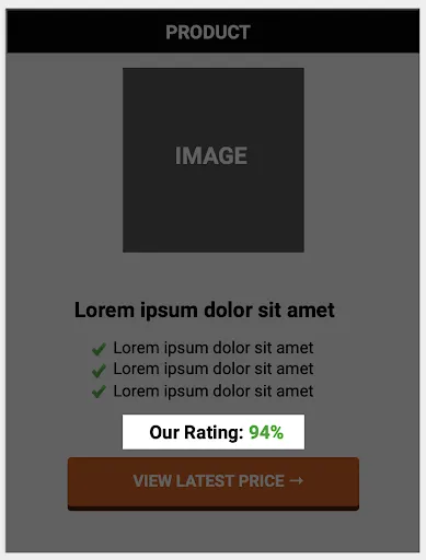 Mockup of the mobile comparison table with the product image, three bullet points, an Our Rating 94% box and a View latest price button