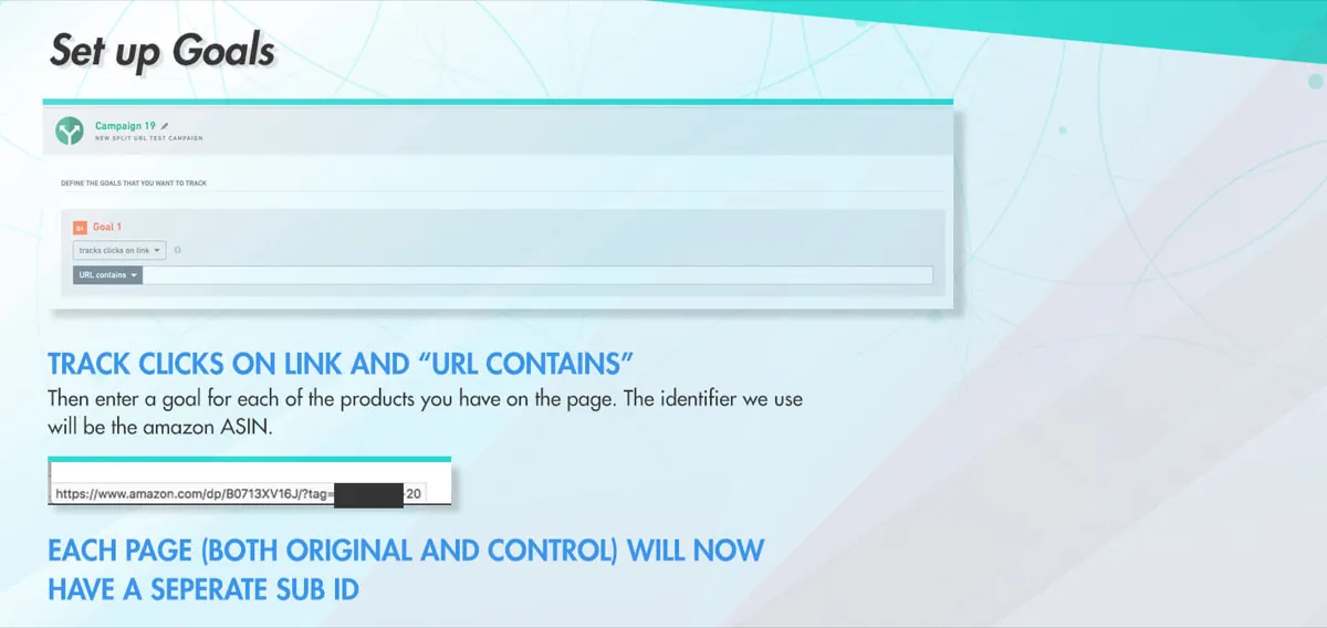 VWO goal setup for a split URL test: a goal that tracks clicks on links where the URL contains the Amazon ASIN, with a note that each page will now have a separate sub ID
