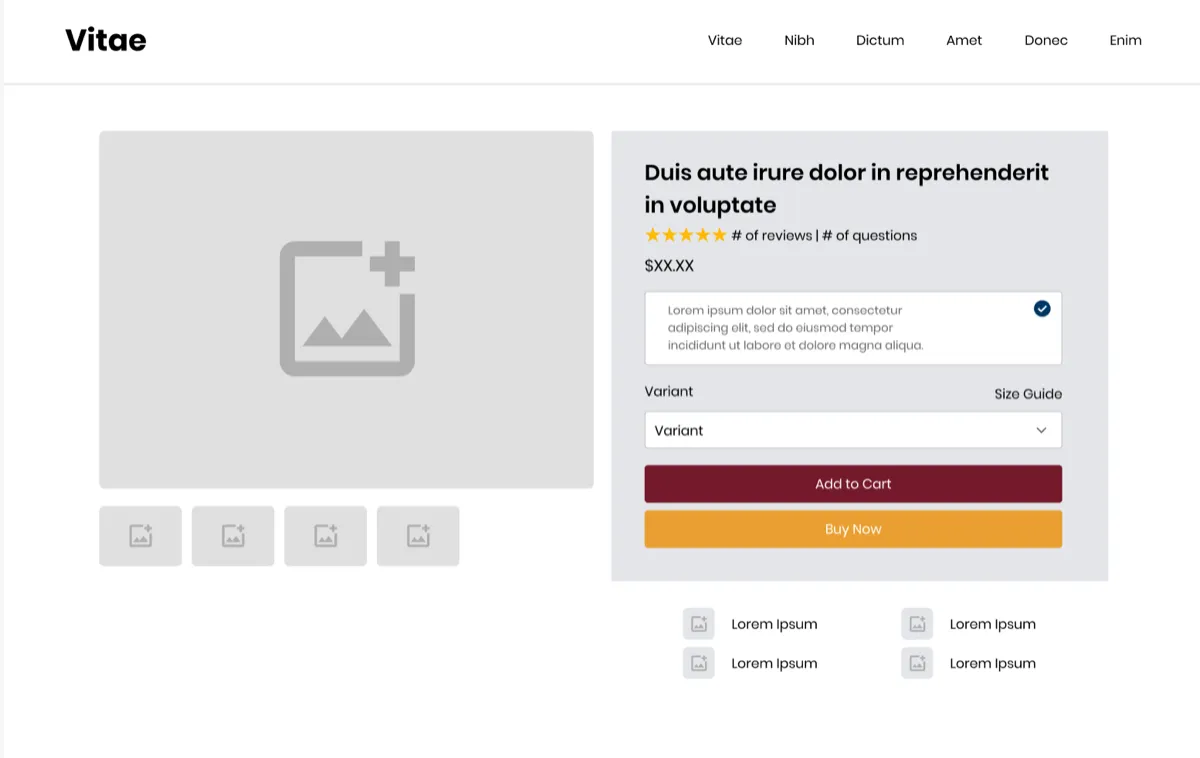 Redesigned product page mockup: product image and thumbnails beside a panel with title, star rating, price, option, variant menu, Add to Cart and Buy Now buttons