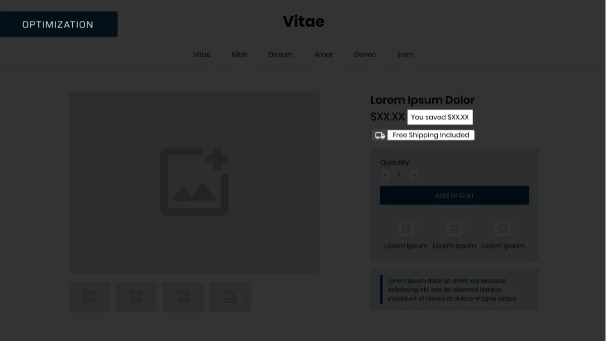 The same wireframe with the page dimmed and the you saved line and the free shipping included badge highlighted