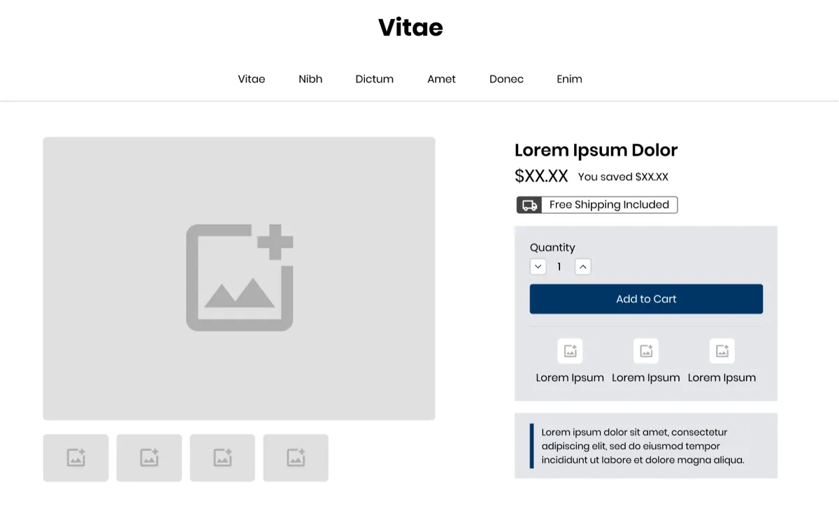 Wireframe of a desktop product page with a free shipping included badge and truck icon directly under the price, above the quantity selector and add to cart button