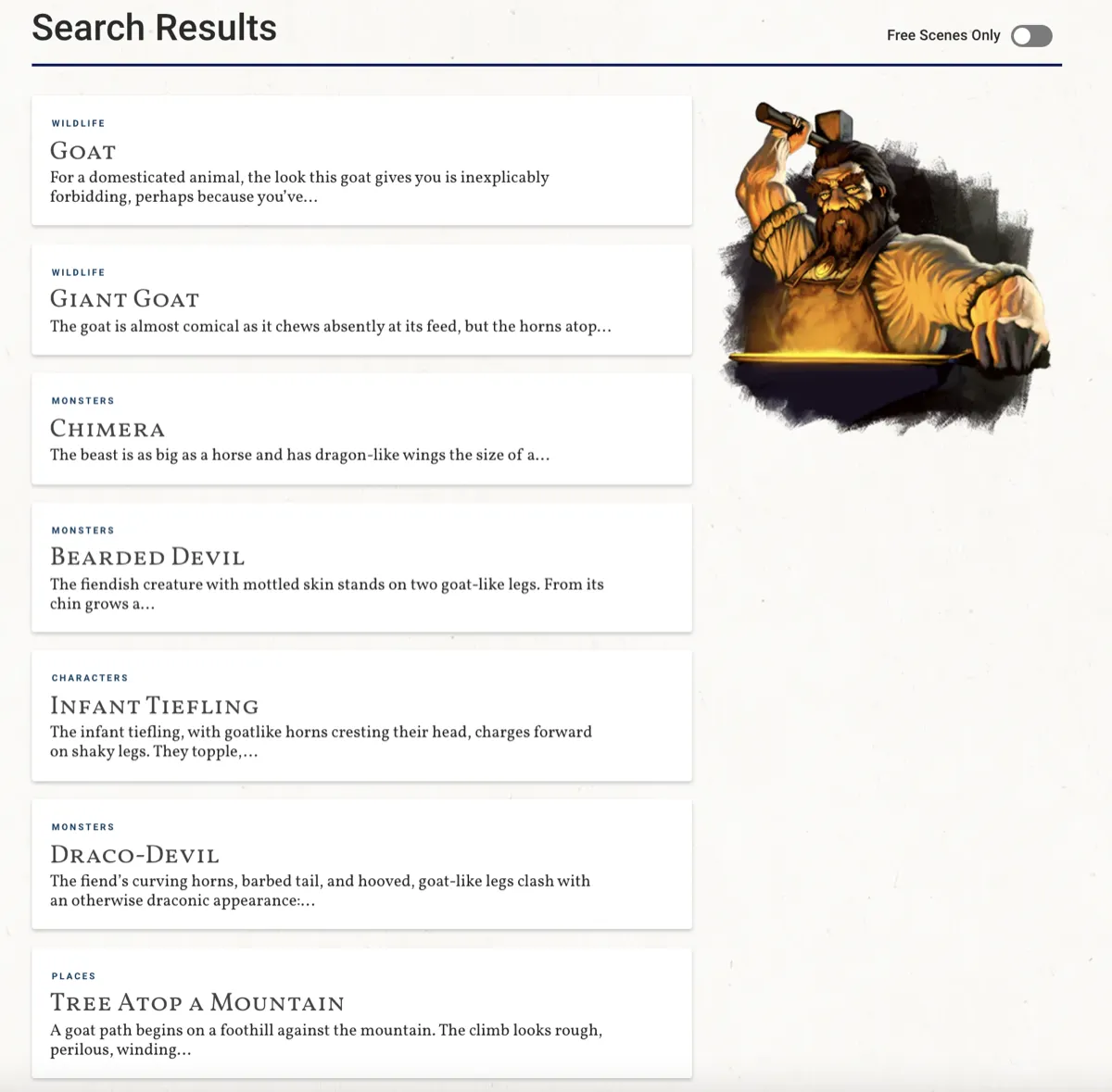 dScryb search results in the control version: scene listings with no call to action buttons
