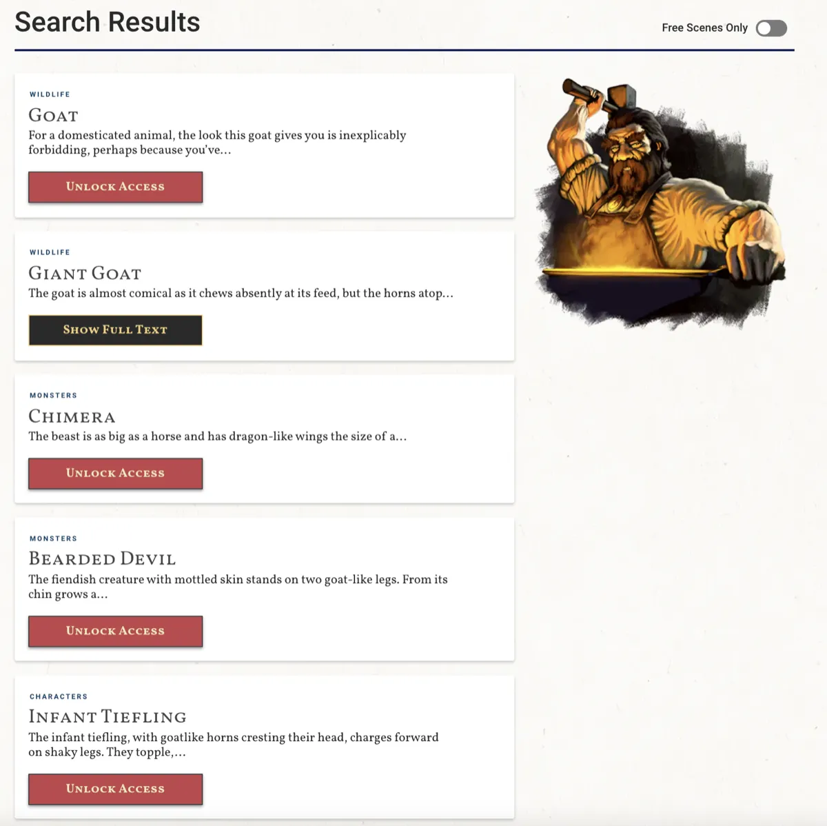 dScryb search results in the test version: each listing has a button that shows the action available for the visitor's access level