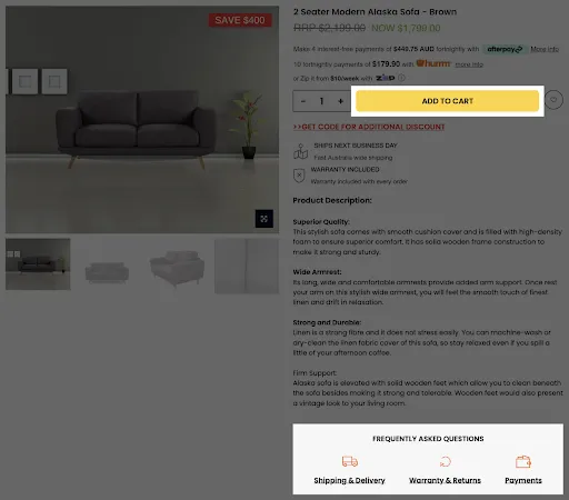 Factory to Home desktop product page for a two seater sofa, dimmed, with the add to cart button and a new frequently asked questions box with shipping and delivery, warranty and returns, and payments links highlighted