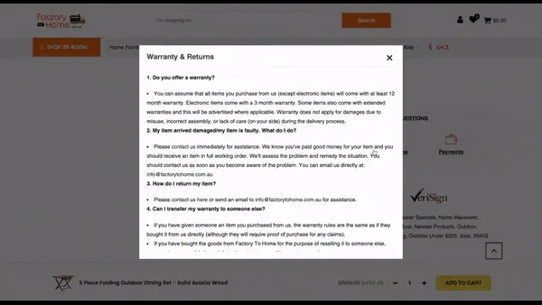 A Factory to Home product page with the warranty and returns pop-up open over it, listing questions about warranties, damaged items and returns