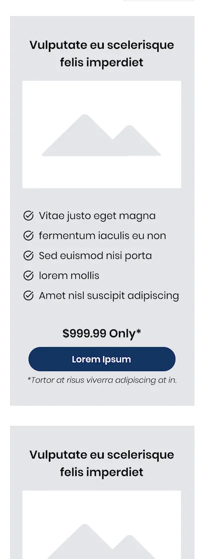 Wireframe of the original mobile page with package cards stacked vertically, each showing an image, five benefits, a price and a button