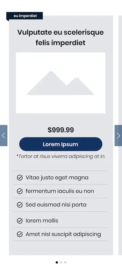 Wireframe of the variation with one package card in a slider, left and right arrows, dots below, and the price and button above the benefits