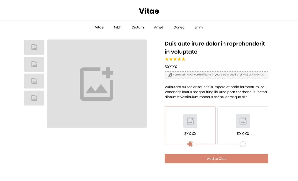 The same product page wireframe with a gray message under the price stating the amount still needed to qualify for free US shipping
