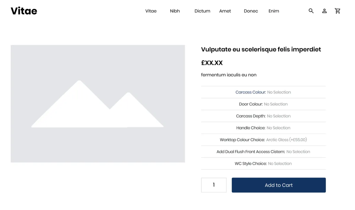 Wireframe of the original desktop product page with seven centered option rows, most reading no selection, above the add to cart button