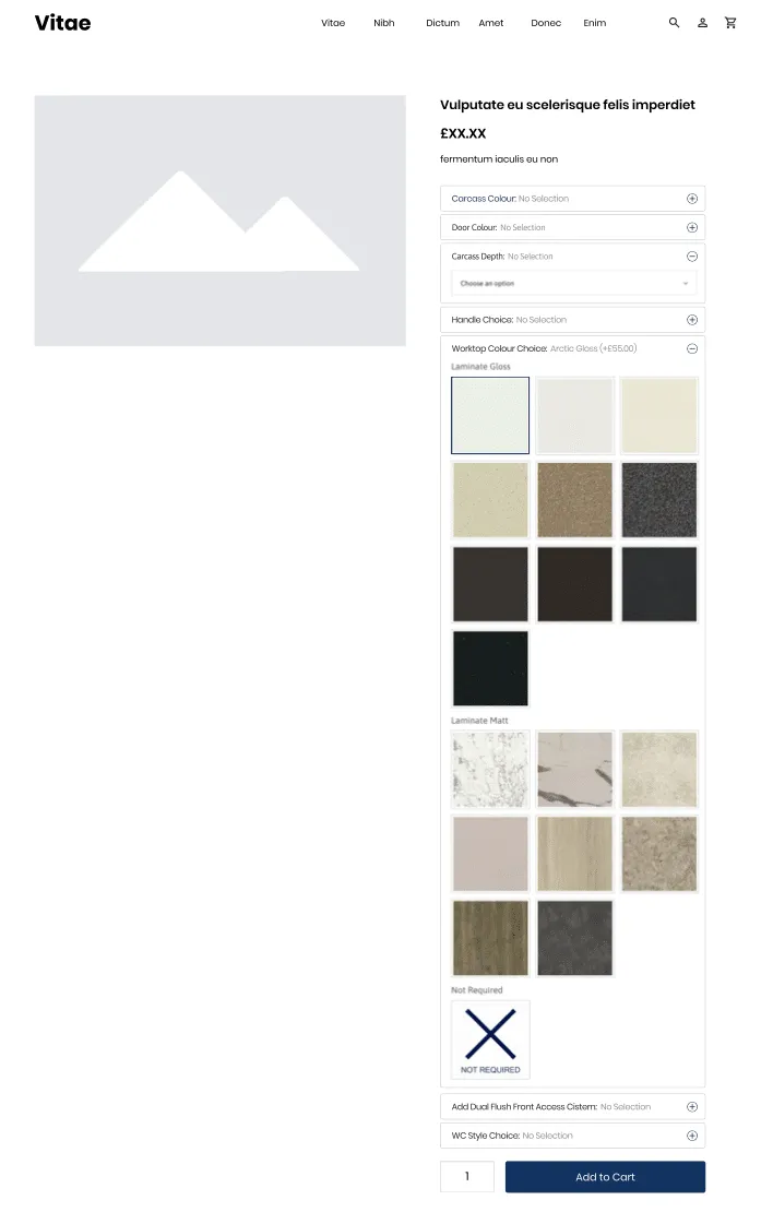 Wireframe of the redesigned desktop product page with bordered option panels, one expanded to show worktop color swatches grouped as gloss and matt, and a not required tile