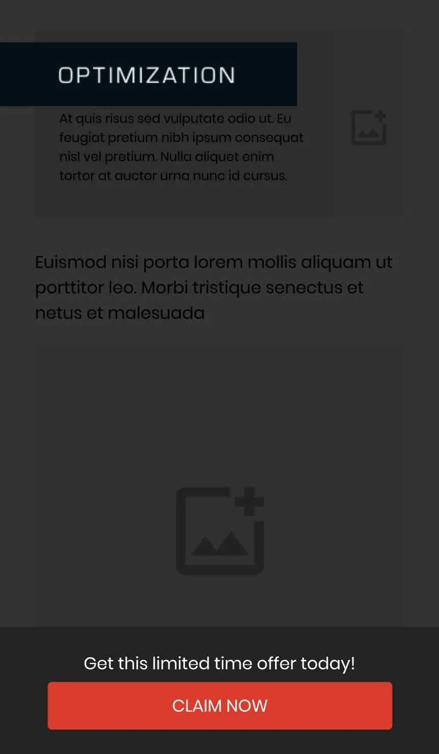 The same wireframe with the page dimmed and labeled optimization, leaving the sticky call-to-action bar highlighted