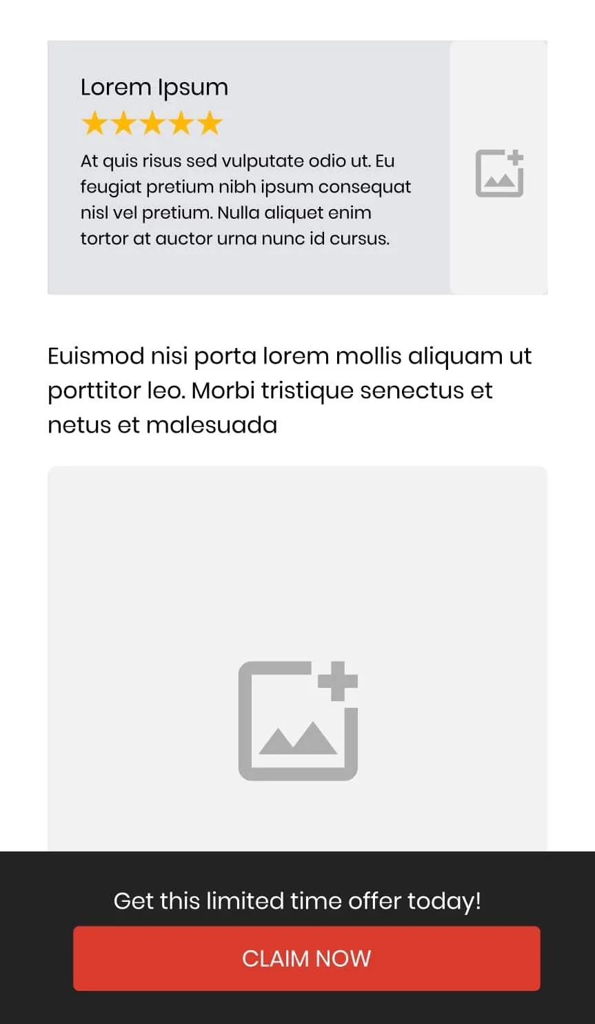 Wireframe of a mobile landing page with a dark bar fixed to the bottom of the screen holding a short offer line and a full-width claim now button
