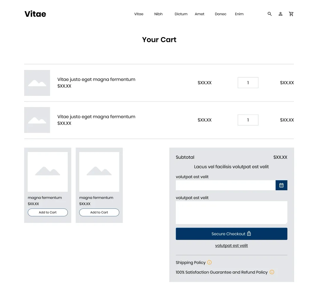 Desktop cart page mockup with shipping policy and refund policy links under the Secure Checkout button