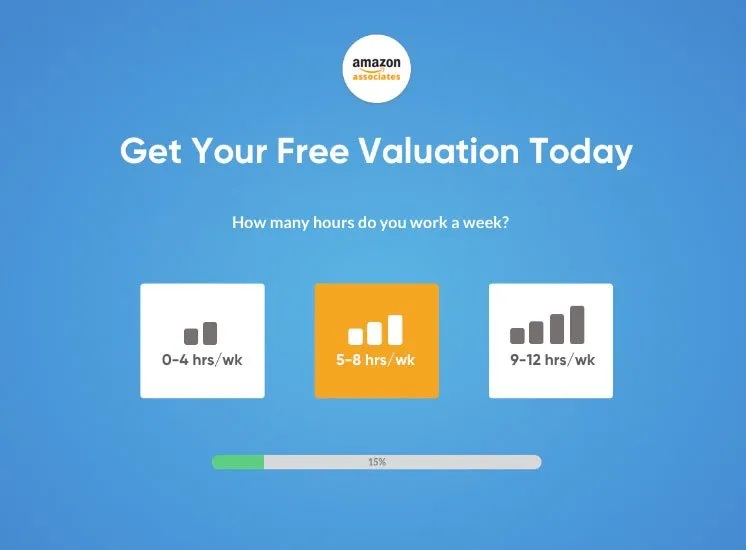 The new valuation flow: one multiple-choice question per screen with a progress bar