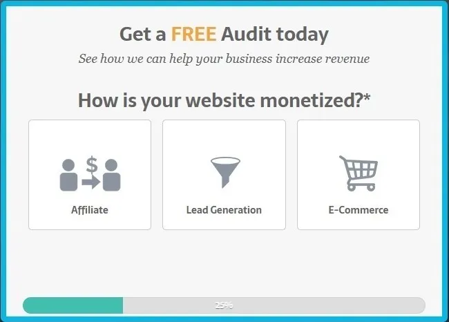 Convertica's earlier lead form, first step: one question, how is your website monetized, with three large buttons for affiliate, lead generation and ecommerce, and a progress bar at 25%