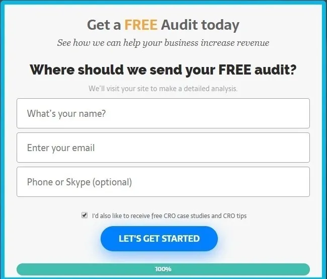 The final step of the same form: fields for name, email and optional phone, with the progress bar at 100%