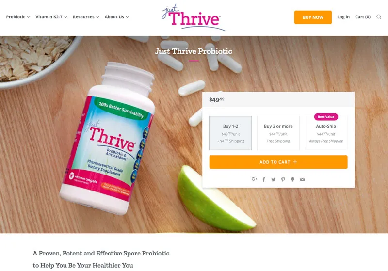 The original JustThrive product page with three purchase options and an add to cart button