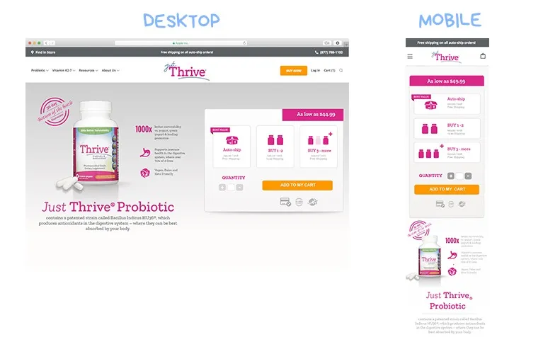 The second JustThrive variation on desktop and mobile, with auto-ship listed first as the default option