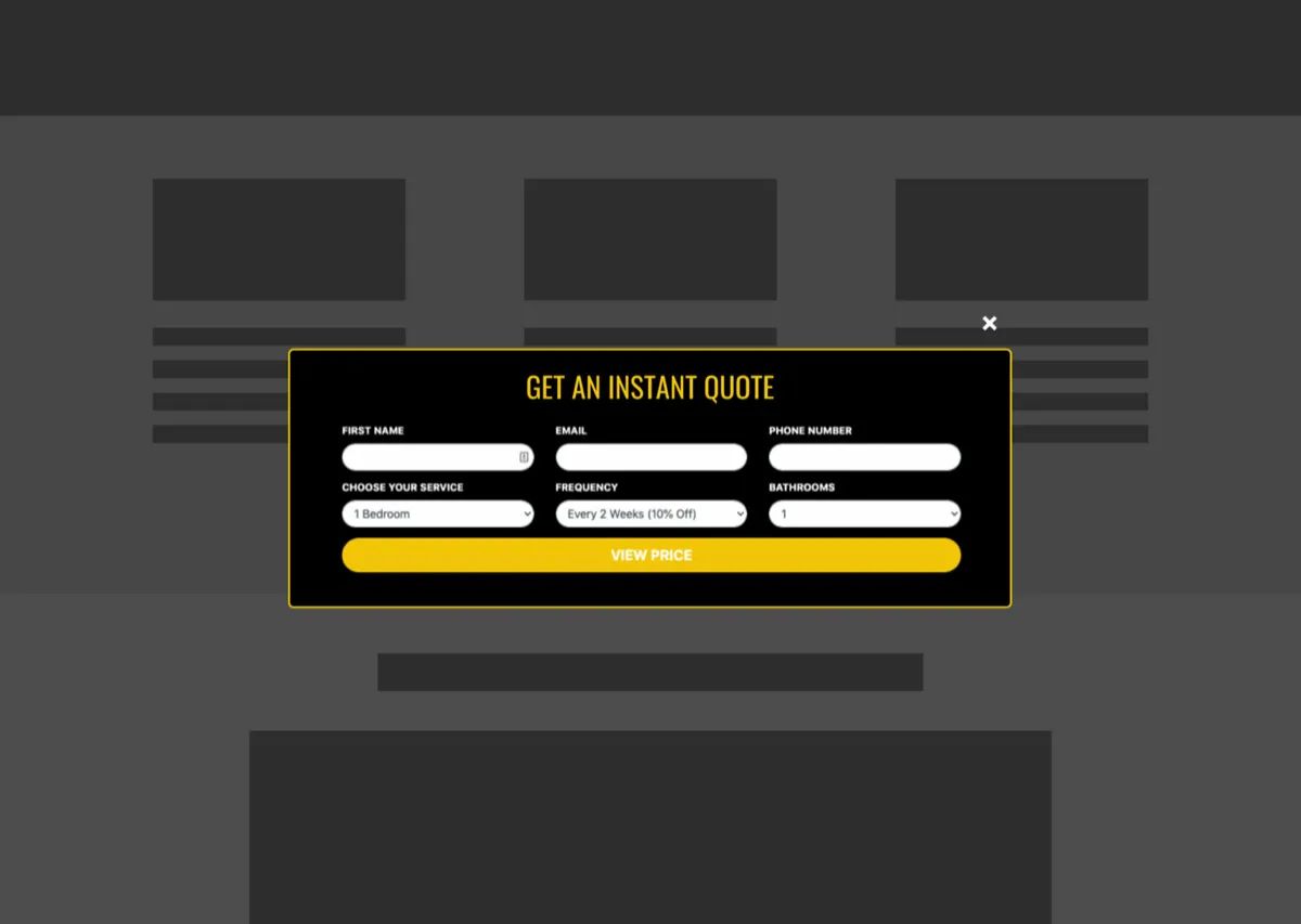 Desktop view of the popup quote form headed Get an instant quote, with name, email, phone, service, frequency and bathroom fields and a View Price button over a dimmed page