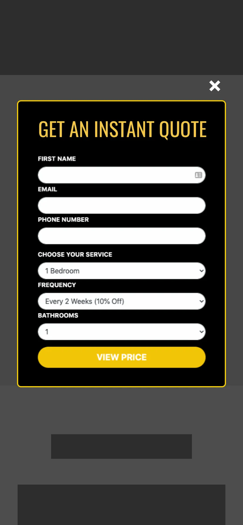Mobile view of the same popup quote form, with the six fields stacked in one column and a View Price button