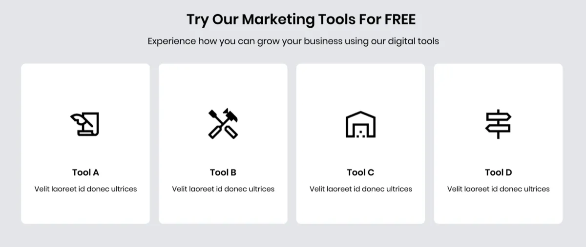 Desktop mockup of the homepage section titled Try Our Marketing Tools For FREE, with four tool cards in a row