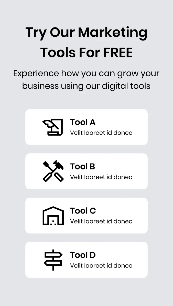 Mobile mockup of the same free tools section, with the four tools stacked as a list