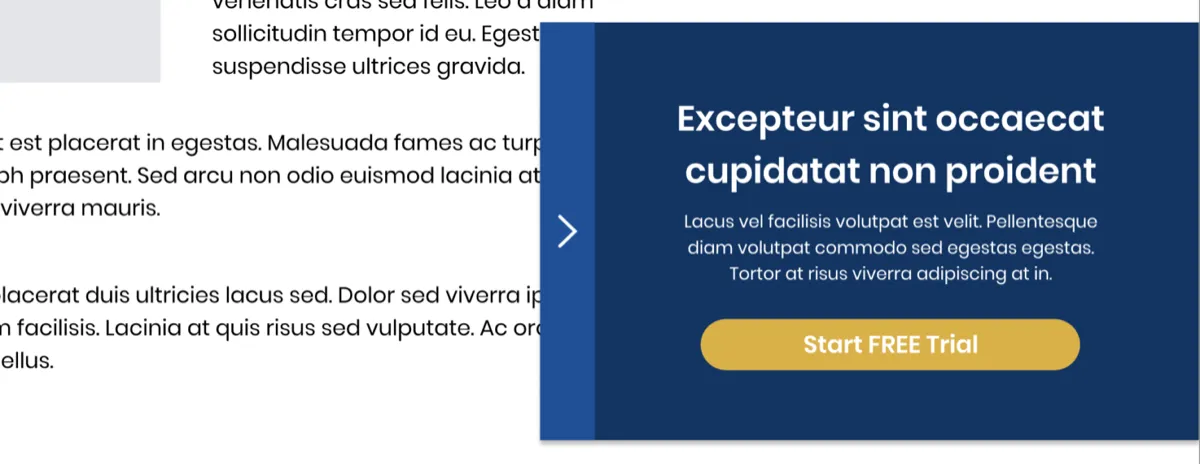 Desktop mockup of the slide-in call to action: a dark blue panel beside the article text with a headline, short copy and a yellow Start FREE Trial button