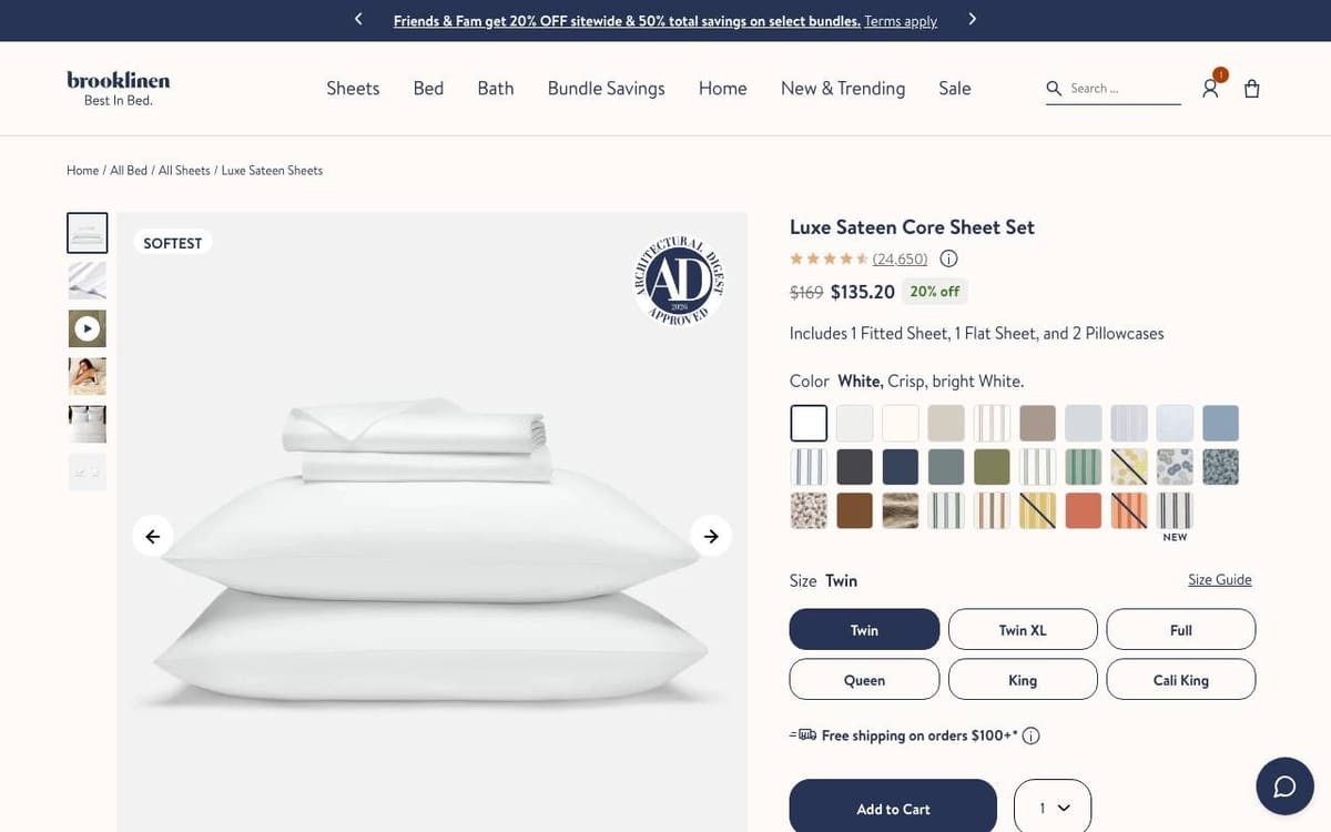 Brooklinen product page for the Luxe Sateen Core Sheet Set: a photo of folded white sheets, and on the right the star rating and review count, a sale price, what the set includes, color swatches, size buttons and an Add to Cart button