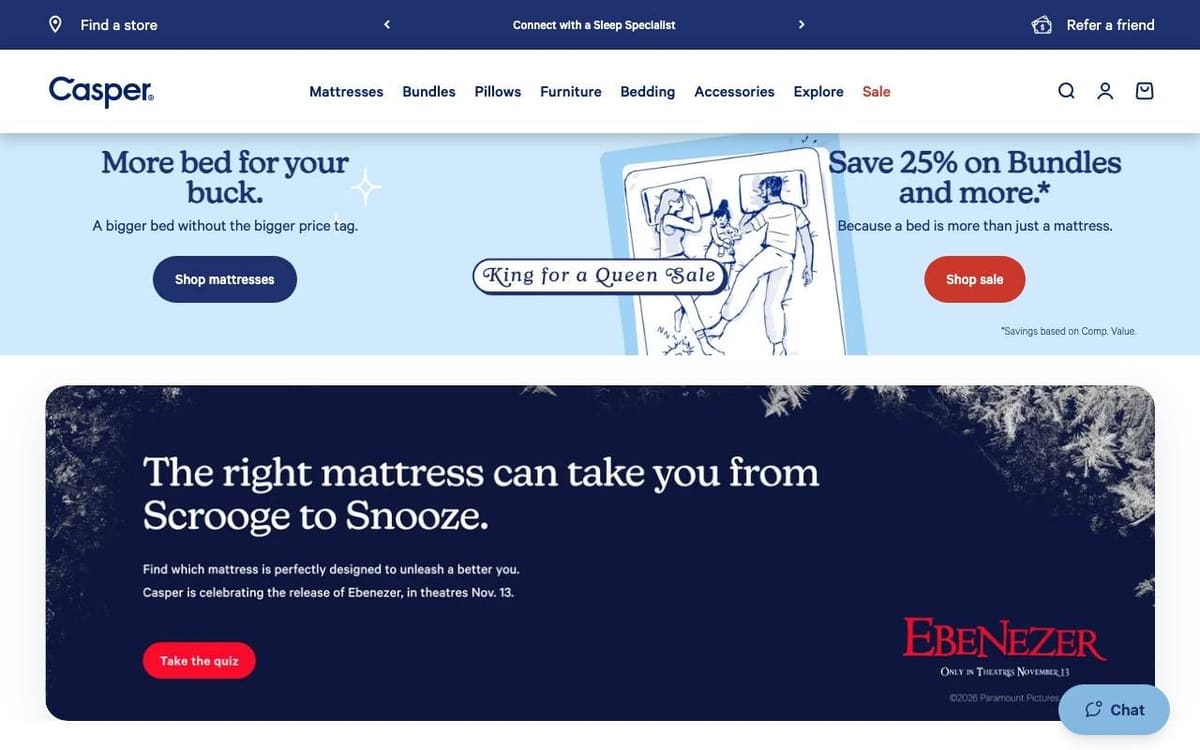 Casper homepage on a desktop screen: two promotions side by side, More bed for your buck and Save 25% on Bundles, each with a button, above a banner with a Take the quiz button