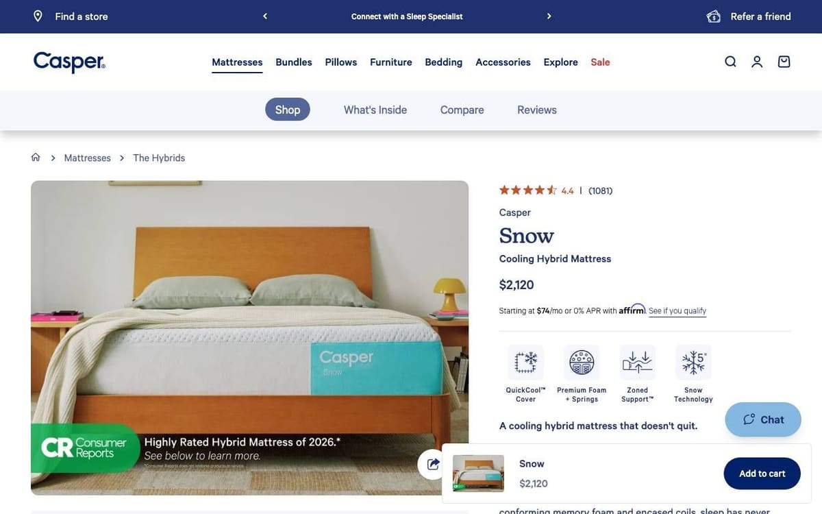 Casper product page for the Snow mattress: a bedroom photo, and on the right the rating, name, price, a monthly payment line, four feature icons and a bar with an Add to cart button