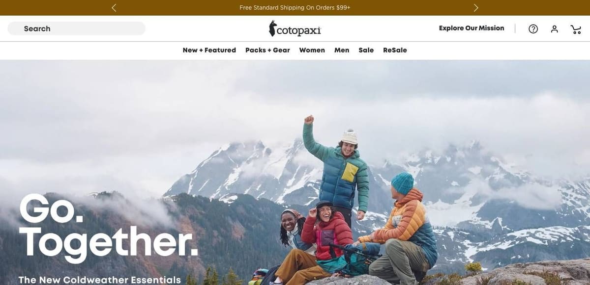 Cotopaxi homepage on a desktop screen: a search field, a short category menu and a photo of four hikers in bright jackets with the headline Go. Together.
