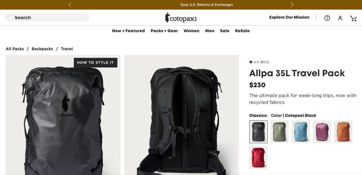 Cotopaxi product page for the Allpa 35L Travel Pack: two large photos of the black pack, and on the right the rating, name, price, a one-line description and color swatches