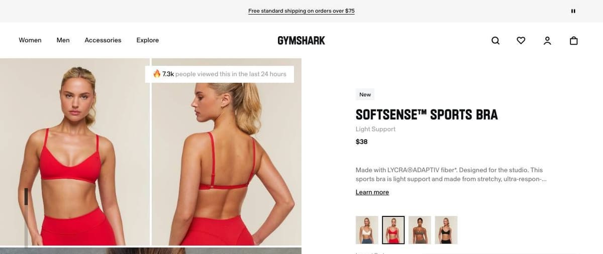 Gymshark product page for the Softsense Sports Bra: two model photos, a note about how many people viewed it, and the name, price, a short fabric description and four color thumbnails