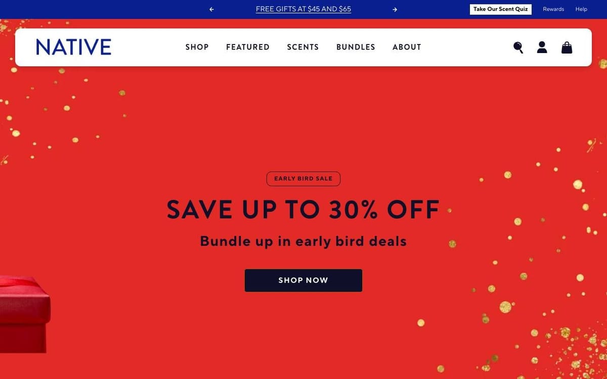 Native homepage on a desktop screen: a red festive background with the headline Save up to 30% off, a line about early bird deals and a Shop Now button