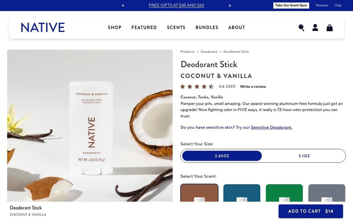 Native product page for the Deodorant Stick in Coconut and Vanilla: a product photo with coconut and vanilla, and on the right the name, scent, rating, a short description, size and scent choices and an Add to Cart button with the price