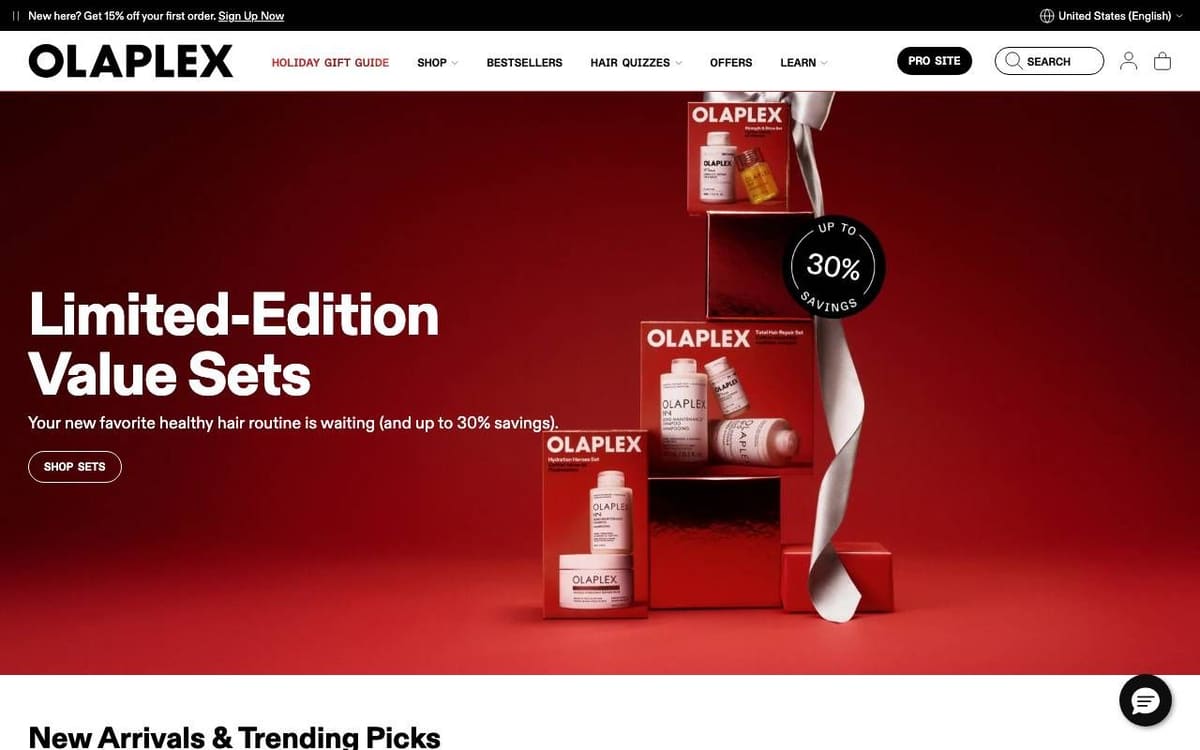 Olaplex homepage on a desktop screen: a deep red hero with the headline Limited-Edition Value Sets, one line and a Shop Sets button, with a search field and hair quizzes in the header
