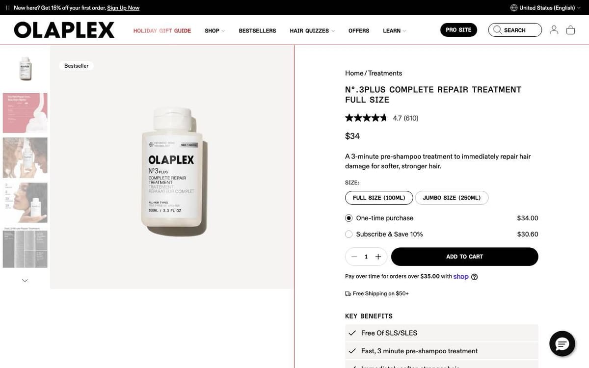 Olaplex product page for the No. 3PLUS treatment: a bottle photo with thumbnails, and on the right the name, rating, price, a one-line description, size buttons, one-time or subscribe options, an Add to Cart button and a key benefits list
