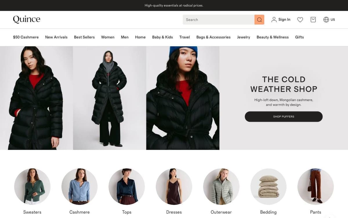 Quince homepage on a desktop screen: a wide search field, a category menu led by $50 Cashmere, and a row of coat photos beside The Cold Weather Shop panel with a Shop Puffers button