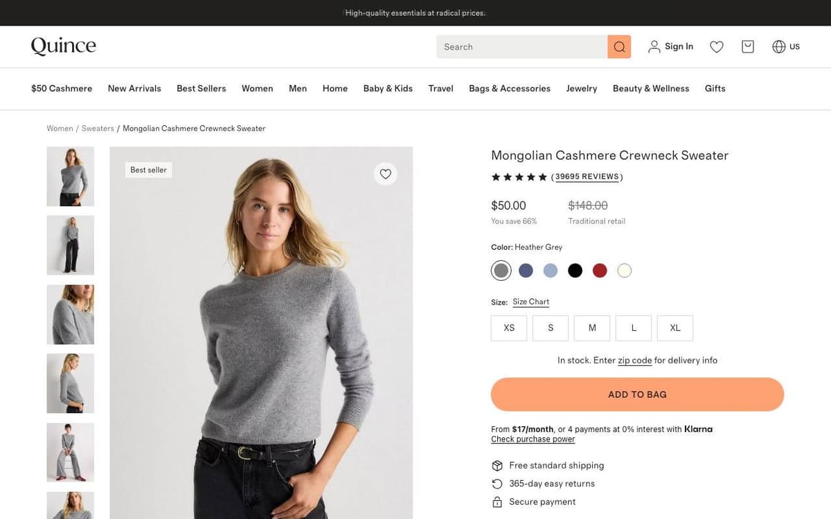 Quince product page for the Mongolian Cashmere Crewneck Sweater: photos on the left, and on the right the review count, the price beside a traditional retail price, colors, sizes, an orange Add to Bag button, and lines for free shipping and 365-day returns
