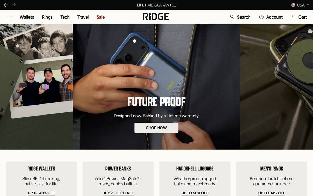 Ridge homepage on a desktop screen: a hand holding a phone with a wallet case, the headline Future Proof, a line about a lifetime warranty and a Shop Now button, above four category cards