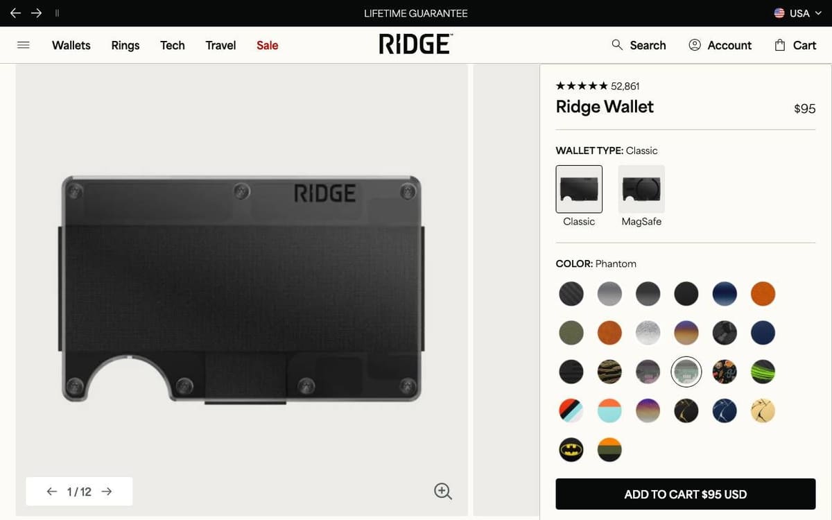 Ridge product page for the Ridge Wallet: a large photo of a black wallet, and on the right the rating, name, price, wallet type choices, a grid of color swatches and an Add to Cart button with the price
