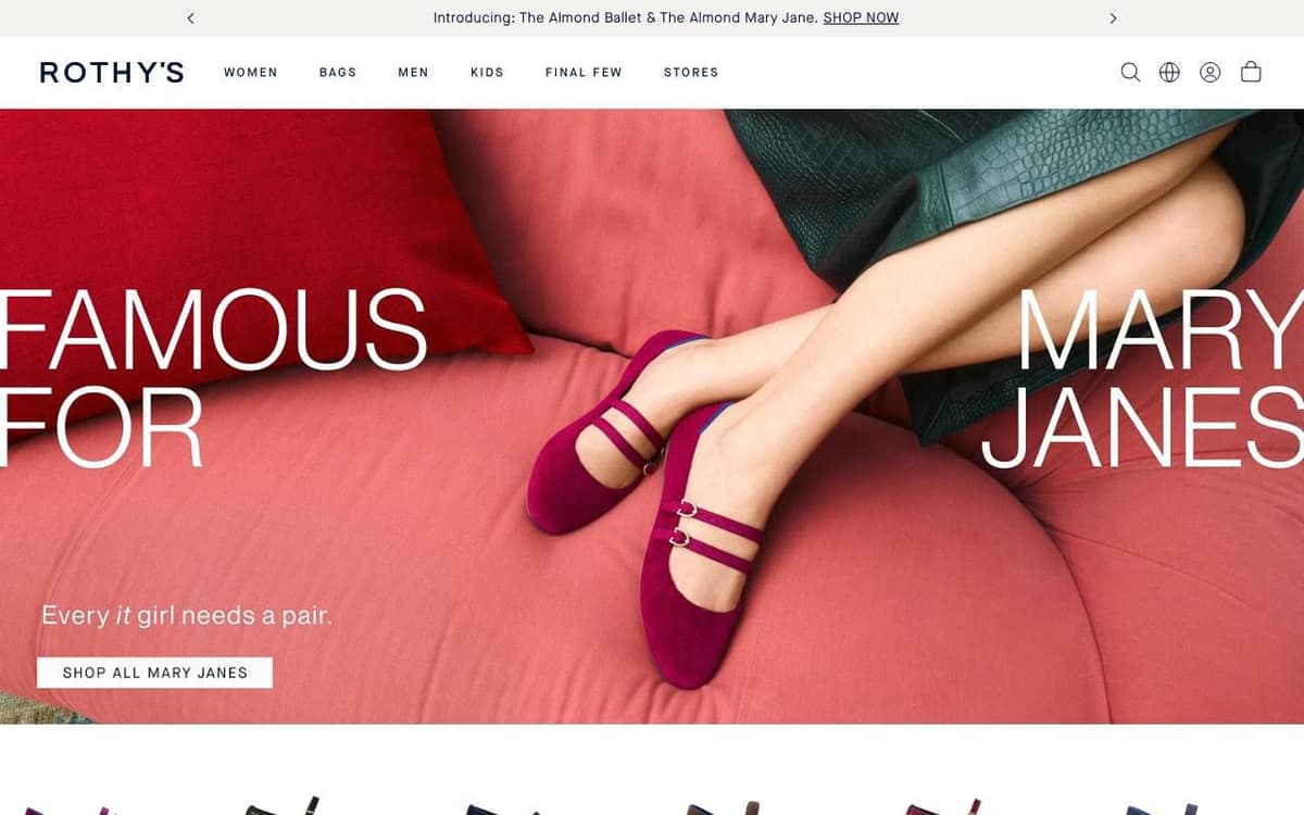 Rothy's homepage on a desktop screen: a large Famous for Mary Janes headline over a photo of red Mary Jane shoes, with a Shop all Mary Janes link
