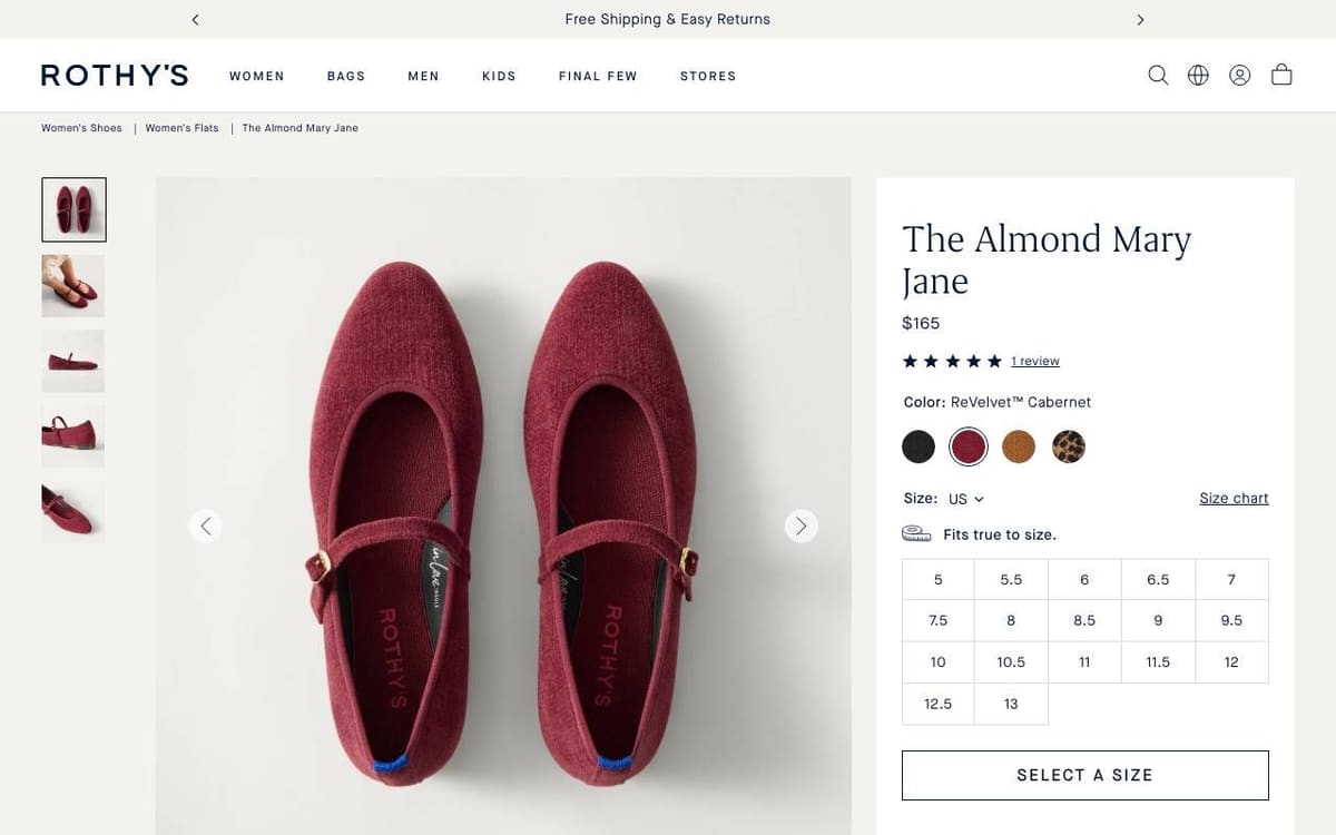 Rothy's product page for The Almond Mary Jane: a large photo of burgundy shoes, and on the right the name, price, star rating, four color swatches, a fits true to size note and a grid of size buttons above a Select a Size button