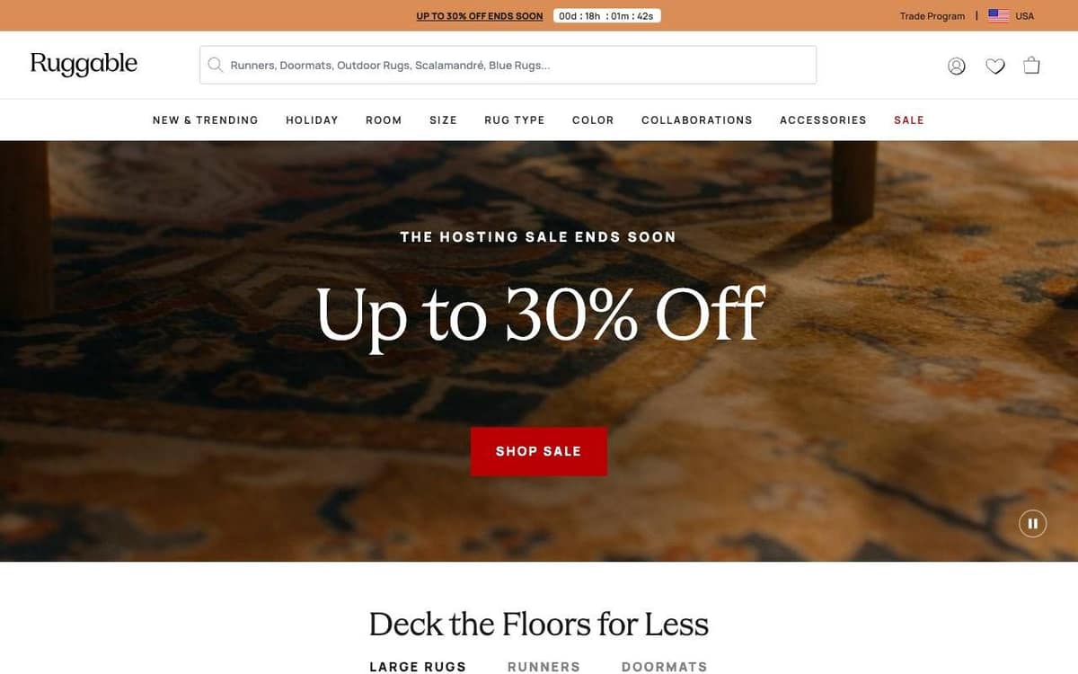Ruggable homepage on a desktop screen: a wide search field in the header, an Up to 30% Off sale headline and one Shop Sale button