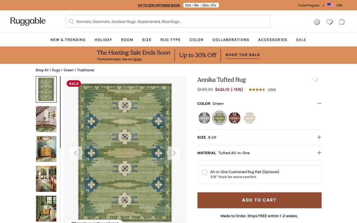 Ruggable product page for the Annika Tufted Rug: photos of a green patterned rug, and on the right the name, a sale price, the rating, color, size and material choices, an optional rug pad and an Add to Cart button
