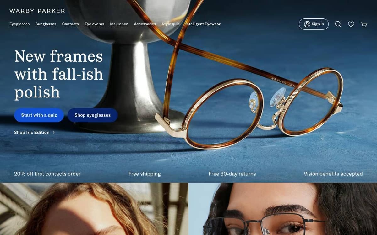 Warby Parker homepage on a desktop screen: a New frames headline with Start with a quiz and Shop eyeglasses buttons, and a strip listing free shipping, free 30-day returns and vision benefits accepted