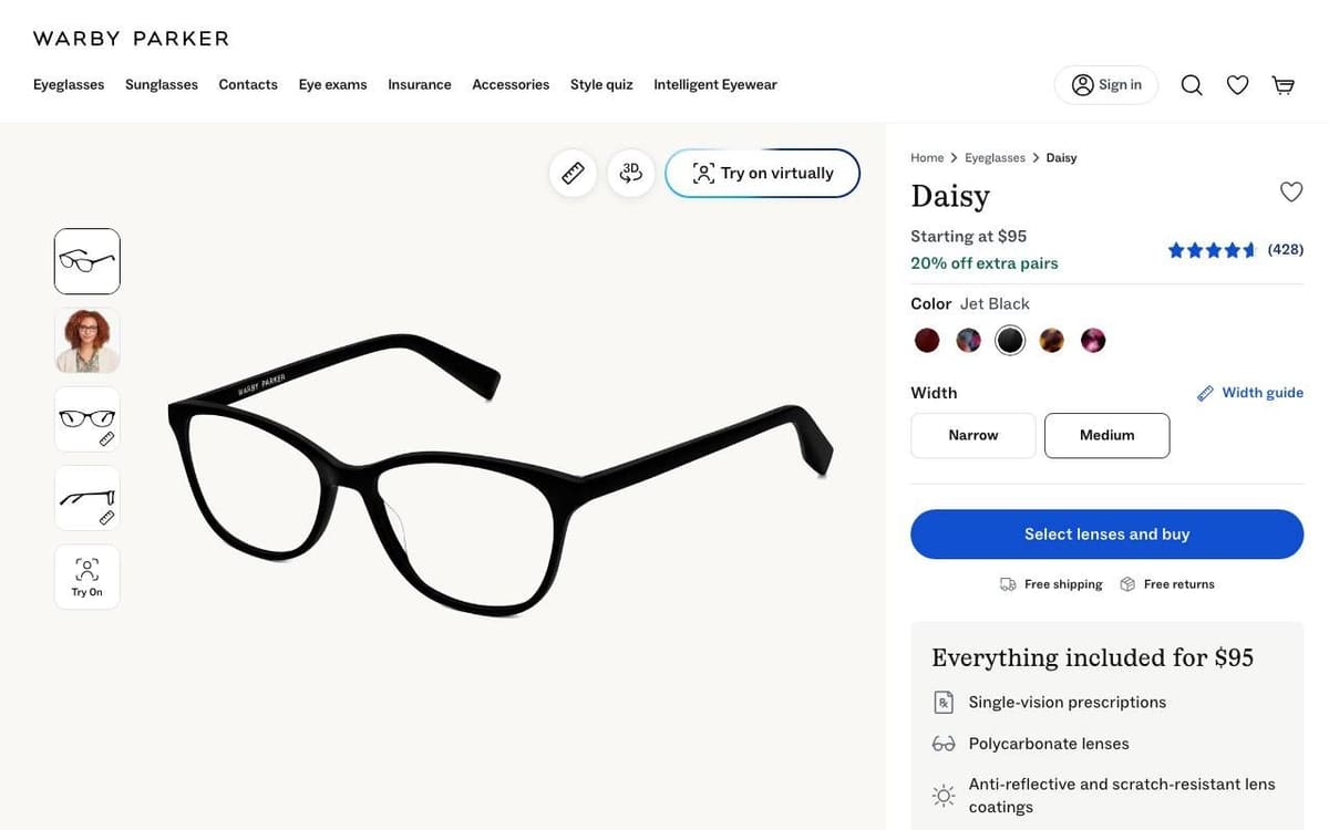 Warby Parker product page for Daisy eyeglasses: a large frame photo with a Try on virtually button, and on the right the name, starting price, rating, colors, width choices, a Select lenses and buy button and a list of what is included