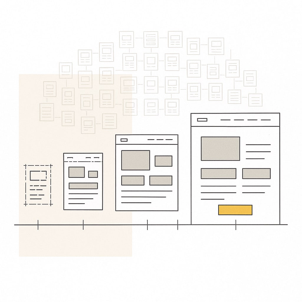 A row of landing page wireframes along a timeline, each more refined than the last, ending in a clean page with an orange call to action, in front of a cloud of small page outlines